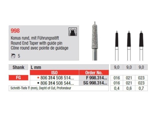 edenta diamantsteen fg f998/021 round end tap. 9mm 5 stuks (productfoto)